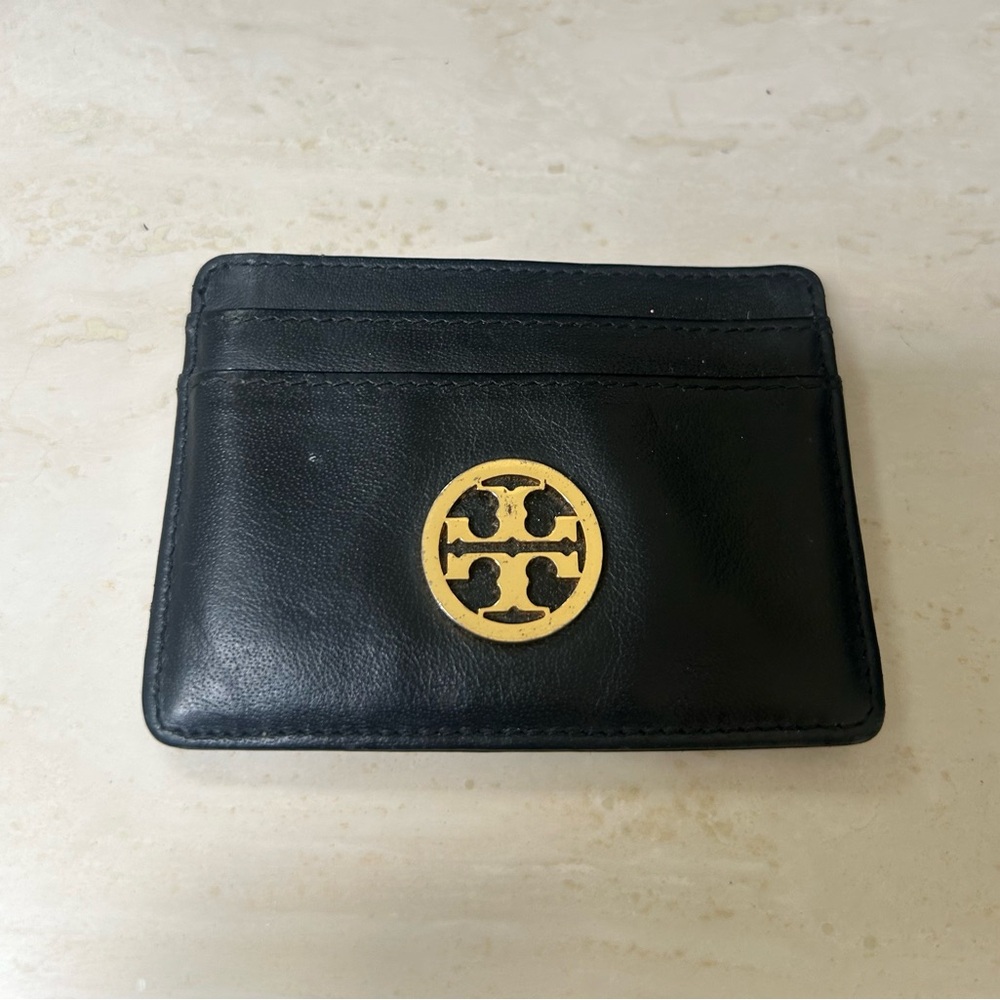 Tory Burch Black Leather Card Case ID Credit Card Holder Wallet 4" x 3"